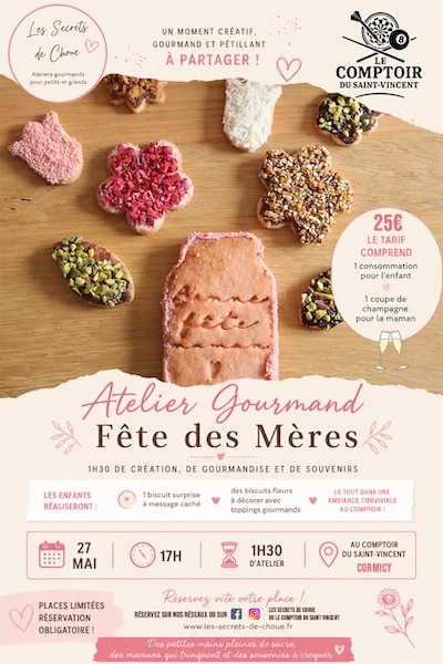 Affiche atelier gourmand fête des mères au Comptoir Saint-Vincent Cormicy – biscuits personnalisés et bouquet fleurs gourmand – 27 mai 2026